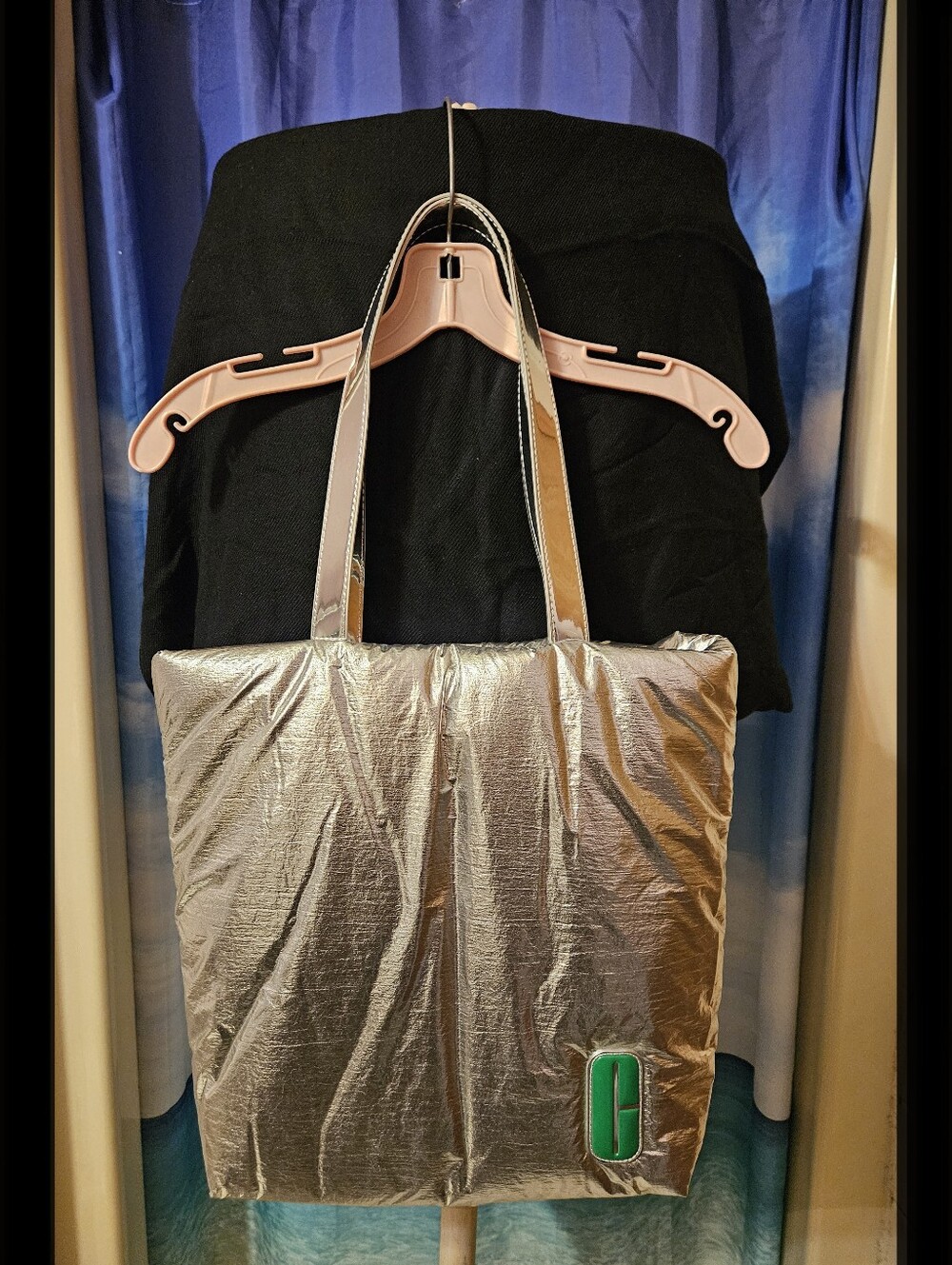 Silver Metallic Tote Bag with Green Accent